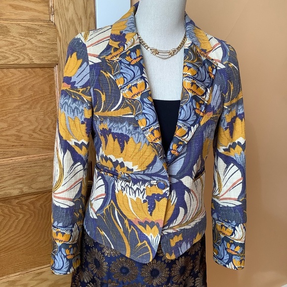 TORY BURCH Blue Floral Textured Jacket Size 4 - Picture 13 of 14